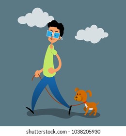 Young Man Walking with Dog cartoon vector