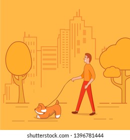A young man walking a dog in the city park. A concept illustration for veterinary clinics. A flat vector. A banner for a children's book.