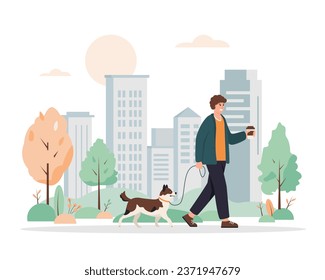 Young man walking with dog in city park. Guy with cute dog on leash and cup of coffee. Pet and owner spending time together, healthy lifestyle concept. Vector flat illustration.