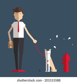 Young man walking a dog and cleans her flat style. 