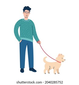 Young man walking a dog. flat style vector illustration isolated on white.