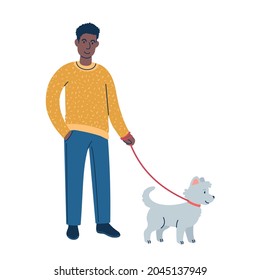 Young man walking a dog. flat style vector illustration isolated on white.