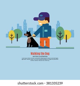 Young man walking dog. Flat design Illustration.