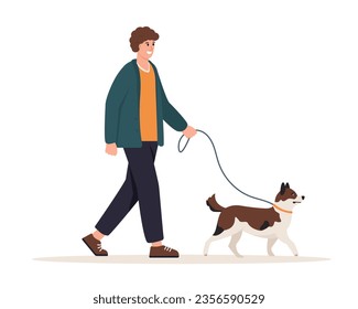 Young man walking with dog. Guy with cute dog on leash. Pet and owner spending time together and enjoy outdoor activity, healthy lifestyle. Vector flat illustration isolated on white background.
