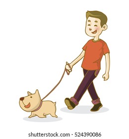 Young man walking dog, isolated on white background, vector illustration