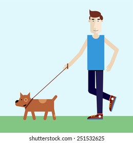 Young man walking dog. Modern flat illustration. 