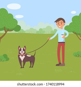 Young man walking with dog on leash and paper cup of coffee in park. Smiling guy with happy pet and hot drink. Leisure and recreation vector illustration