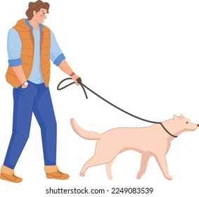 Young man walking with dog on leash. Person with pet isolated on white background