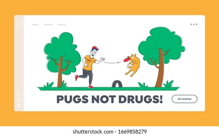 Young Man Walking with Dog Outdoors, Landing Page Template. Male Character Playing with Pet Spend Time at Summertime Park. Relaxing Leisure, Communication with Home Animal. Linear Vector Illustration