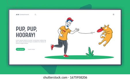 Young Man Walking with Dog Outdoors Landing Page Template. Male Character Playing with Pet Spending Time at Summertime Park. Relaxing Leisure Communication with Home Animal. Linear Vector Illustration