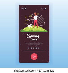young man walking with dog outdoors at park guy relaxing with pet spring time concept smartphone screen mobile app copy space full length vector illustration