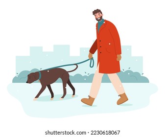 Young man walking with dog. Pet owner strolling with his dog on leash. Walk Your Dog Month concept. 