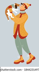 Young man walking with dog in warm clothes, outdoor activity. Joyful man with beautiful smile plays with his dog, smiling and joyful. Vector illustration.
