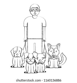 young man walking with dogs