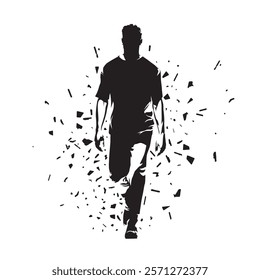 Young man walking forward. Front view, isolated vector silhouette with dispersion effect. Ink drawing