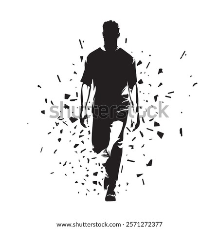Young man walking forward. Front view, isolated vector silhouette with dispersion effect. Ink drawing