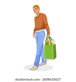 Young man walking with grocery bag in hand on white background. Vector illustration