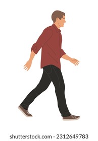 Young man walking. Handsome stylish guy in street fashion modern clothes side view. Cartoon male character Vector realistic illustration isolated on white background