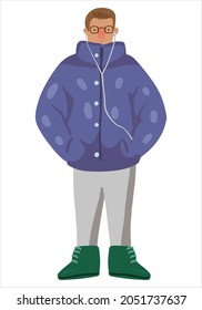 Young man walking with headphones. Male in winter outerwear in outdoor. Flat vector illustration. Colored cartoon clipart isolated on white. Single element for design, decor, print, card, sticker.
