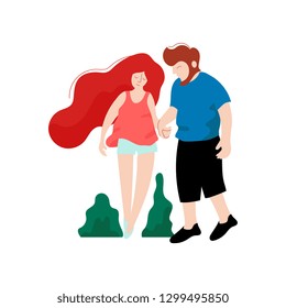 Young Man Walking with His Beautiful Girlfriend, Romantic Couple, Happy Lovers on Date Vector Illustration