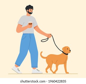Young man walking with his cute dog. Happy pet owner. Adorable labrador retriever. Flat vector illustration. 