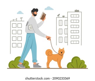 Young man walking with his cute dog in the city. Happy pet owner. Activity and playing with dog. Book lovers, fans of literature. Concept of Book Week or World Book Day. Flat vector illustration.