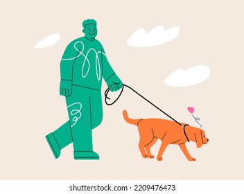 Young man walking with his cute dog. Happy pet owner. Colorful vector illustration
