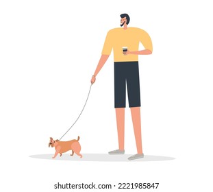 Young man walking with his cute little dog. Happy pet owner. Flat people vector illustration.