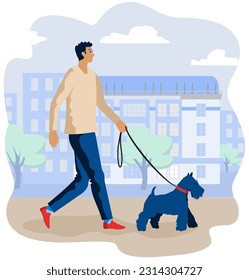 Der junge Mann geht mit seinem süßen Hund im Freien spazieren. Herzlichen Glückwunsch zum Haustier. Schwarzer Terrier. Vektorgrafik im Flachstil