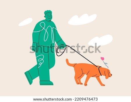 Young man walking with his cute dog. Happy pet owner. Colorful vector illustration
