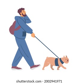 Young man walking his dog and talking phone, flat vector illustration isolated on white background. Man cartoon character doing everyday walk with his pet.