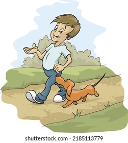 young man walking his dog in the park
