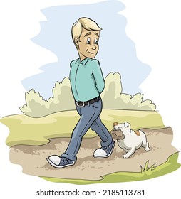 young man walking his dog in the park