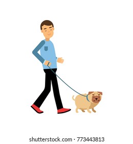 Young Man Walking With His Dog Colorful Cartoon Vector Illustration