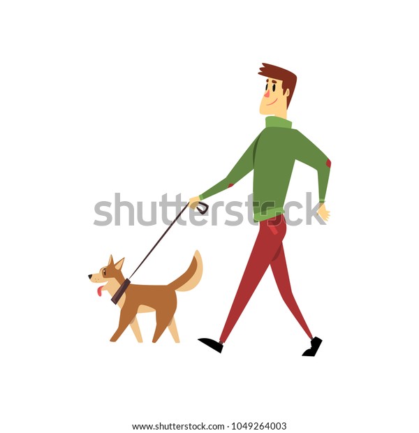 白い背景に犬と歩く青年 飼い主のベクターイラストを持つかわいいペット のベクター画像素材 ロイヤリティフリー