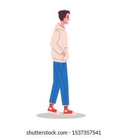 Young man walking with his hands in the pockets. Isolated illustration in cartoon style