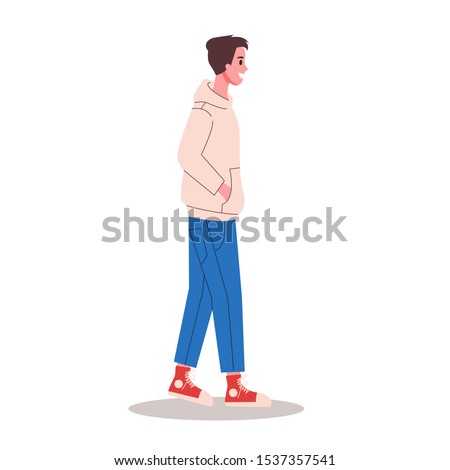 Young man walking with his hands in the pockets. Isolated illustration in cartoon style