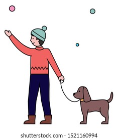 Young man walking with his pet. Domestic dog on leash going with owner. Boy in outerwear and hat strolling in winter urban park. Vector snowflakes falling on ground, snowy weather illustration