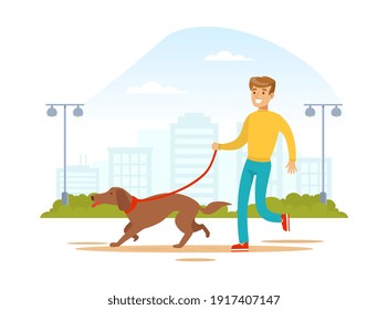 Joven caminando con su perro mascota en la ilustración del vector de dibujos callejeros