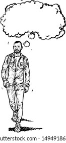 A young man walking with his smartphone with a blank thought bubble. Hand drawn vector illustration. 