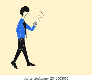 young man walking holding smartphone