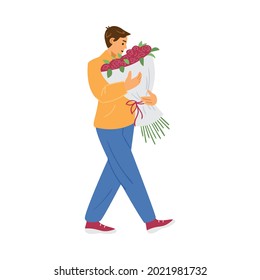 Young man walking with huge bouquet of flowers in hands, flat vector illustration isolated on white background. Man purchasing flowers in floral shop for gift.