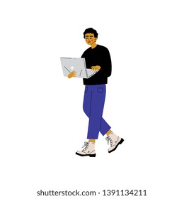 Young Man Walking with Laptop, Guy Working or Relaxing Using Computer, Freelance or Social Network Concept Vector Illustration