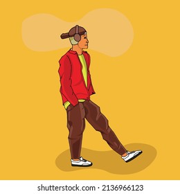 young man walking and listening music in headphone vector illustration. square color background.