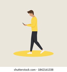 Joven caminando, mirando su teléfono y escribiendo un mensaje. Ilustración vectorial minimalista. 