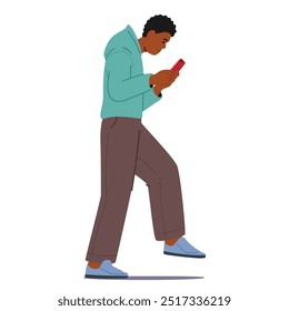 Joven Caminando Y Mirando Su Teléfono Inteligente. Personaje masculino negro grabado en Tecnología y comunicación sobre la marcha, aislado sobre fondo blanco. Ilustración vectorial de Personas de dibujos animados