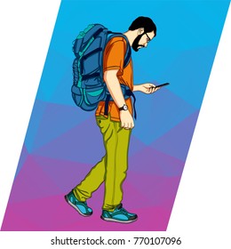 Young man walking with mobile phone and backpack bag. GPS navigation in city and nature