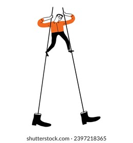 Young man walking on stilts to standing out from the crowd. Hand drawing vector illustration line art doodle style.