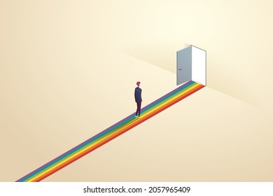 Young man was walking out the light through the door. There is a rainbow of light, the LGBT community. isometric vector illustration.