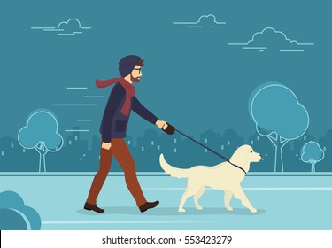 Young man walking outdoors with his dog in the evening. Flat concept illustration of people with pets on the street in blue color